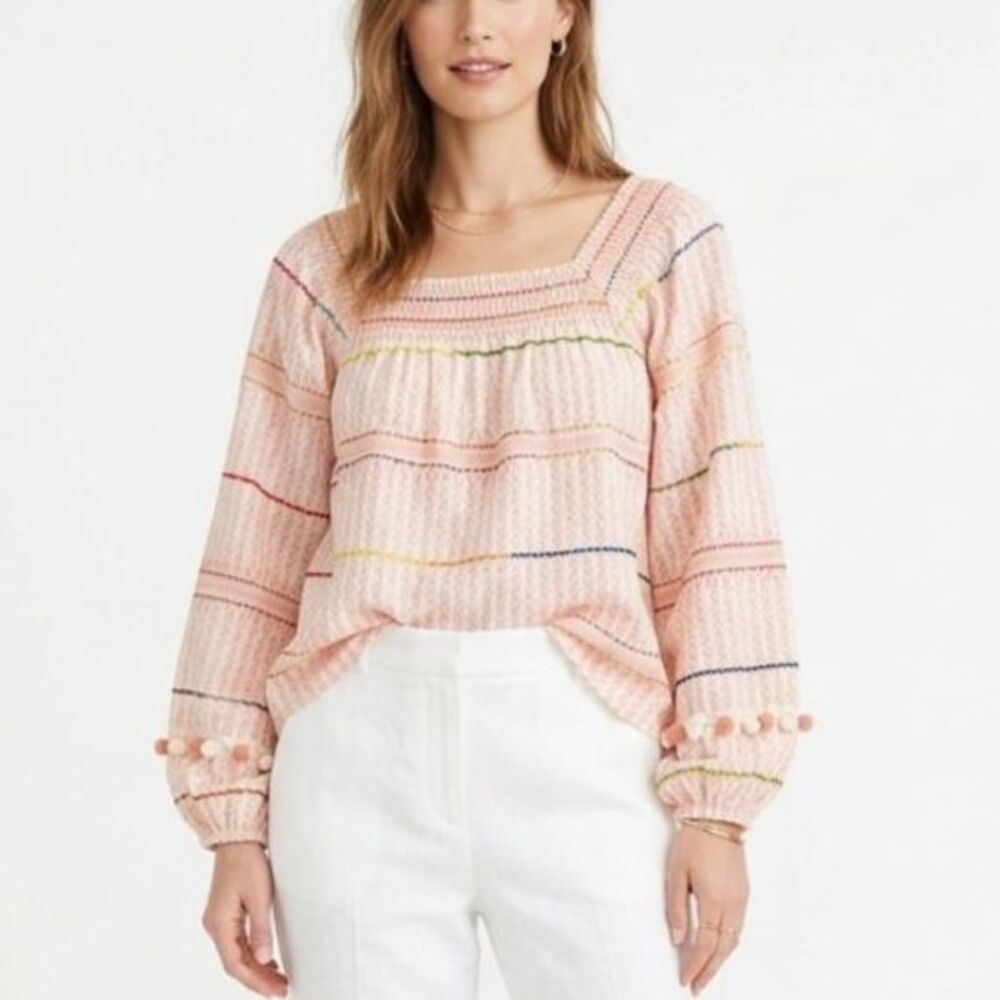 Saylor Women's Pink Chevron Print Smocked Embroidered PomPom Detail LS Top Sz S